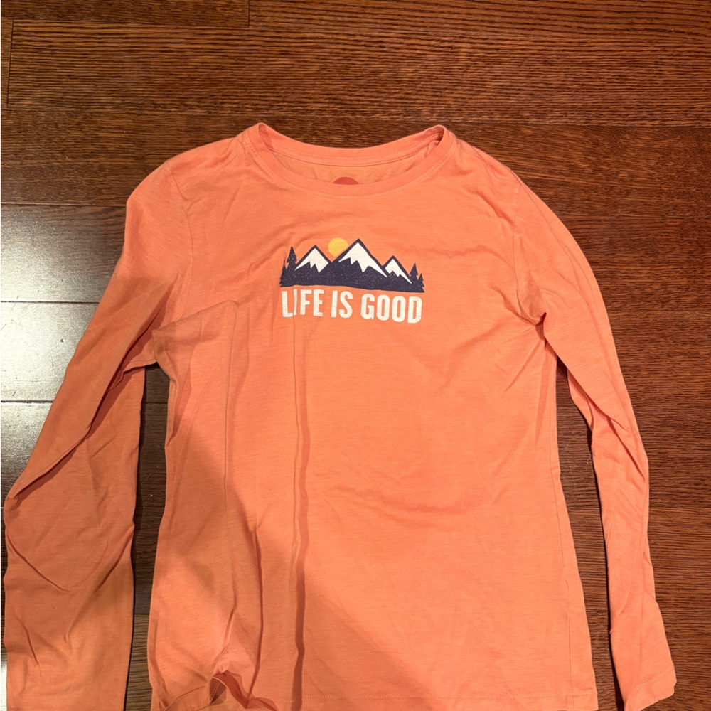 Life Is Good Women's Long Sleeve Tee in Coral with Mountain Graphic